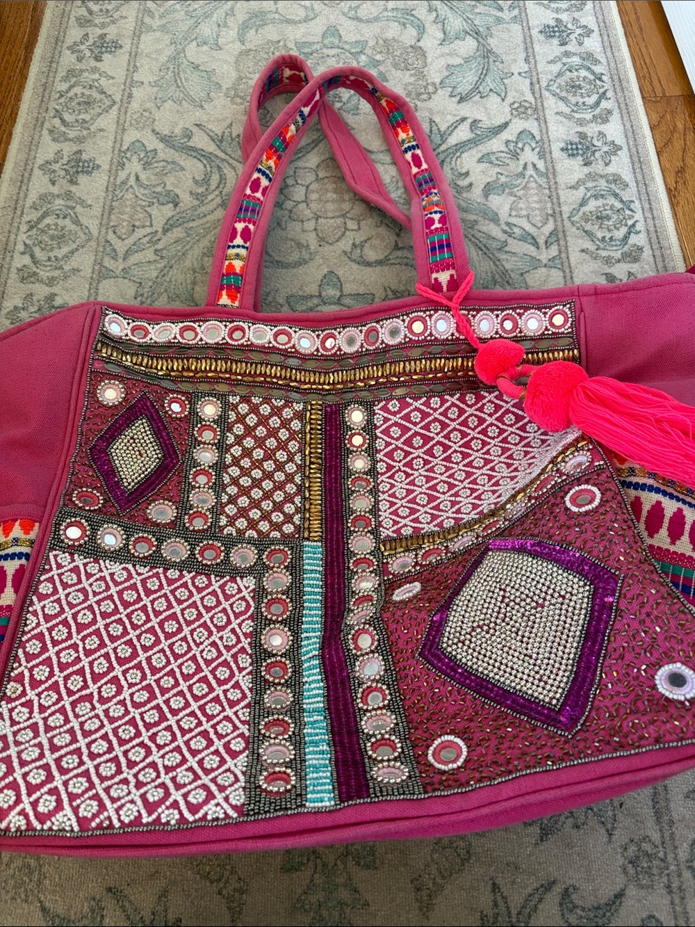 Large Hand Beaded Bright and Vibrant Colors Tote Bag